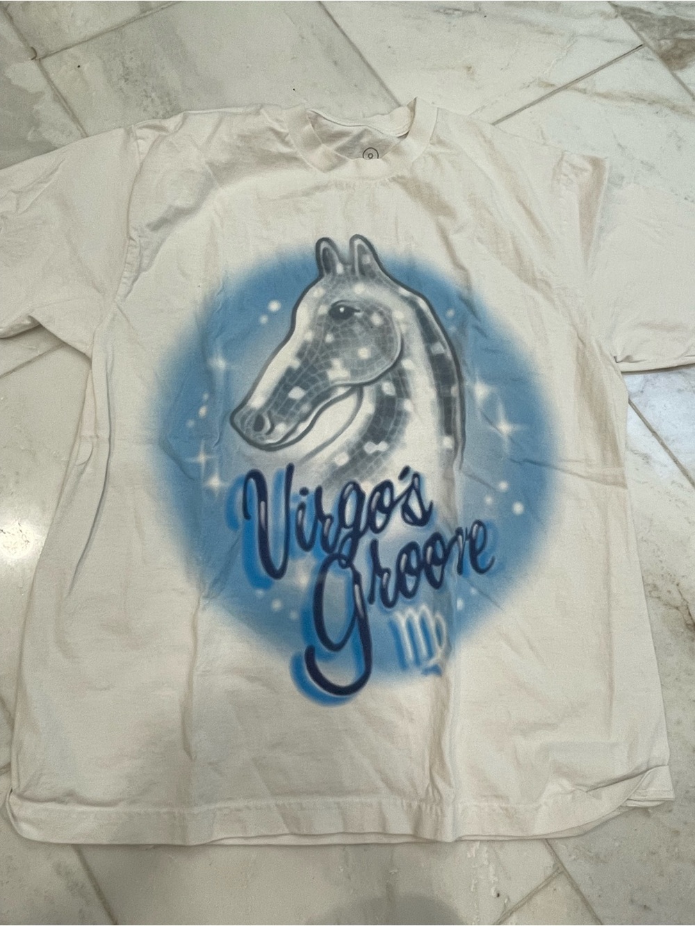Beyonce Virgo's Groove White Short Sleeve Tee with Blue Airbrush Horse Graphic